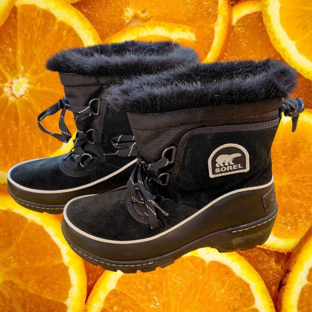 Sorel Womens Black Suede Faux Fur Trim Waterproof Winter Snow Boots Lace Up